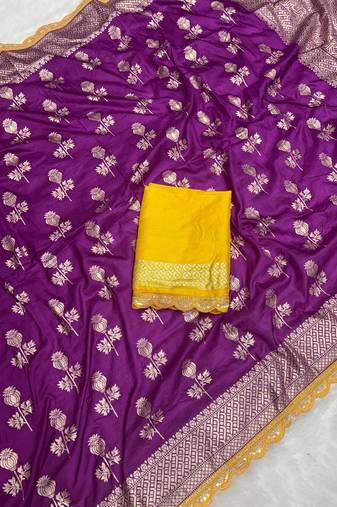 Purple hand dying & embroidery lace dola silk blend saree with blouse