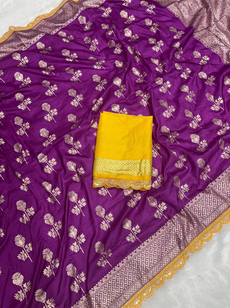 Purple hand dying & embroidery lace dola silk blend saree with blouse