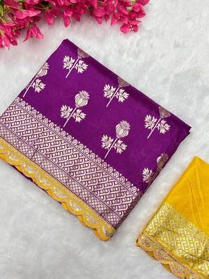 Purple hand dying & embroidery lace dola silk blend saree with blouse 2