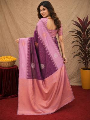 Purple wine art silk blend jacquard motif work saree with unstitched blouse piece 3
