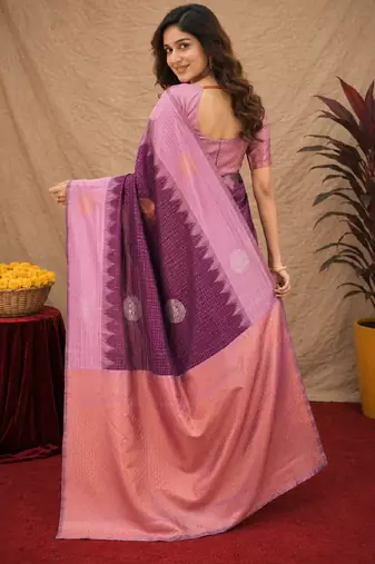 Purple wine art silk blend jacquard motif work saree with unstitched blouse piece