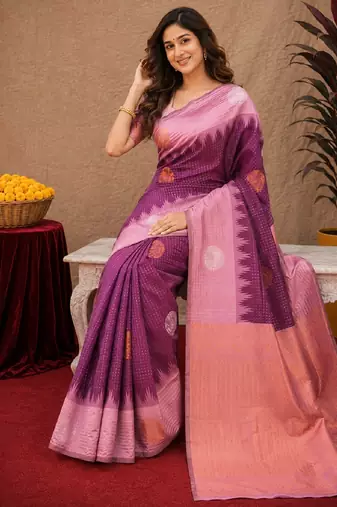 Purple wine art silk blend jacquard motif work saree with unstitched blouse piece