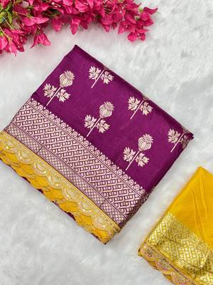 Wine hand dying & embroidery lace dola silk blend saree with blouse 1