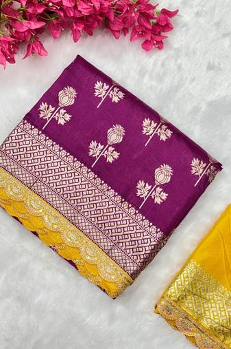 Wine hand dying & embroidery lace dola silk blend saree with blouse