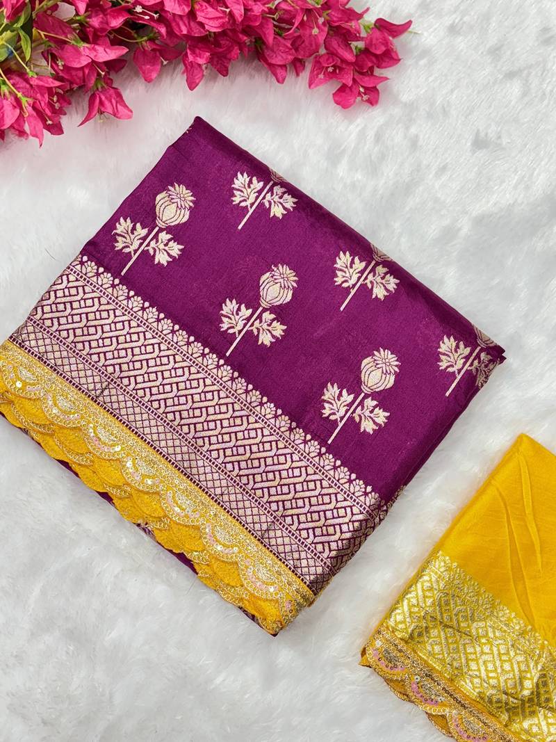Wine hand dying & embroidery lace dola silk blend saree with blouse