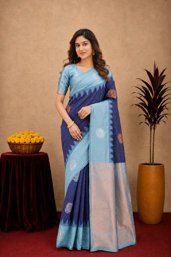 Rama blue art silk blend jacquard motif work saree with unstitched blouse piece