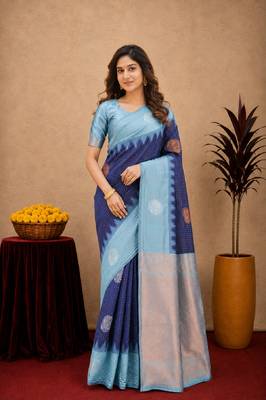 Rama blue art silk blend jacquard motif work saree with unstitched blouse piece 1