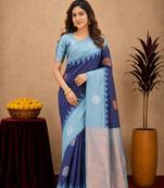 Rama blue art silk blend jacquard motif work saree with unstitched blouse piece