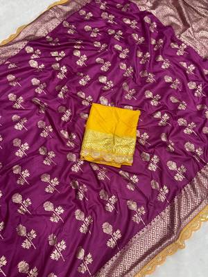 Wine hand dying & embroidery lace dola silk blend saree with blouse 3