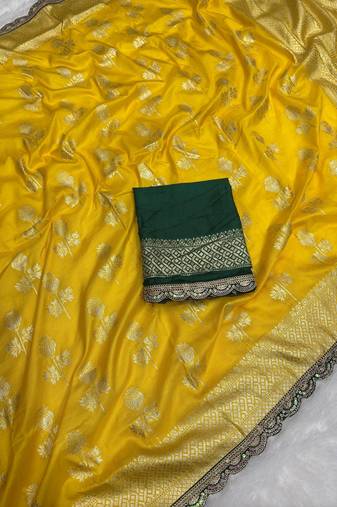 Yellow hand dying & embroidery lace dola silk blend saree with blouse