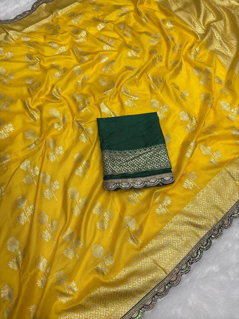 Yellow hand dying & embroidery lace dola silk blend saree with blouse