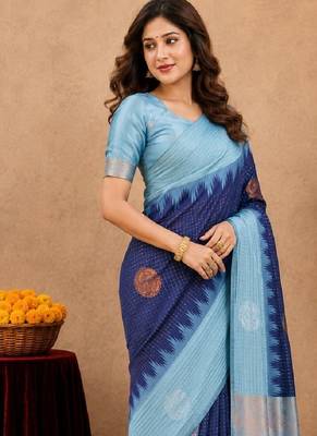 Rama blue art silk blend jacquard motif work saree with unstitched blouse piece 2