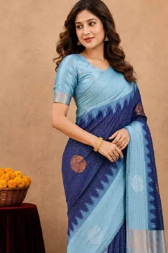 Rama blue art silk blend jacquard motif work saree with unstitched blouse piece