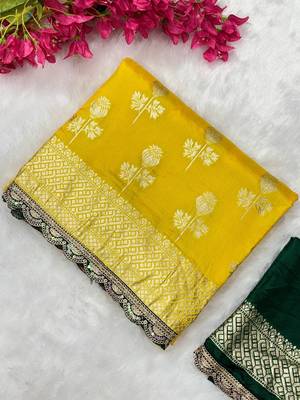 Yellow hand dying & embroidery lace dola silk blend saree with blouse 2