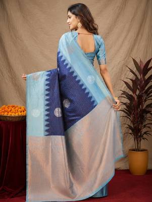 Rama blue art silk blend jacquard motif work saree with unstitched blouse piece 3