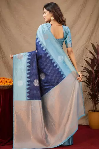 Rama blue art silk blend jacquard motif work saree with unstitched blouse piece