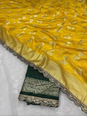 Yellow hand dying & embroidery lace dola silk blend saree with blouse 3