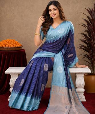 Rama blue art silk blend jacquard motif work saree with unstitched blouse piece 4
