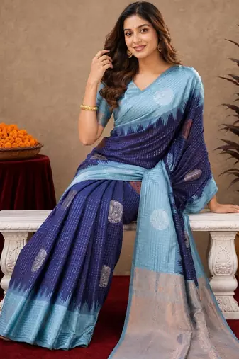 Rama blue art silk blend jacquard motif work saree with unstitched blouse piece