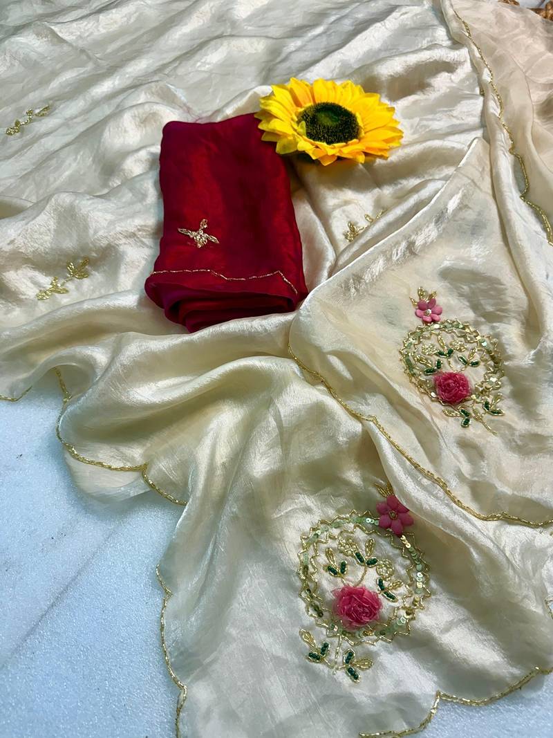 Chikoo handwork fendy satin saree with blouse