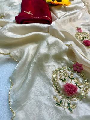 Chikoo handwork fendy satin saree with blouse 2