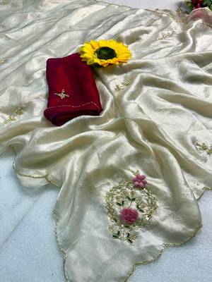 Chikoo handwork fendy satin saree with blouse 3