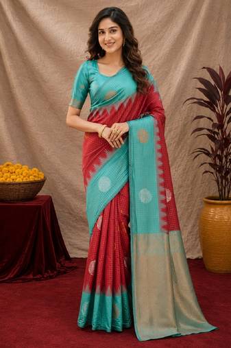 Rama red art silk blend jacquard motif work saree with unstitched blouse piece