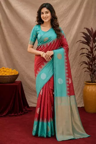 Rama red art silk blend jacquard motif work saree with unstitched blouse piece