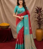Rama red art silk blend jacquard motif work saree with unstitched blouse piece