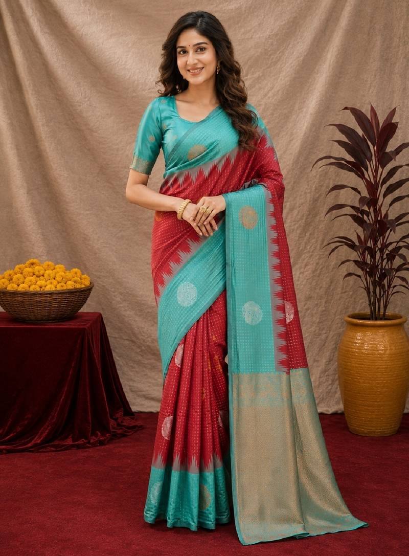 Rama red art silk blend jacquard motif work saree with unstitched blouse piece