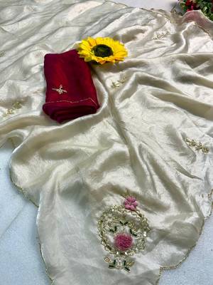 Chikoo handwork fendy satin saree with blouse 4