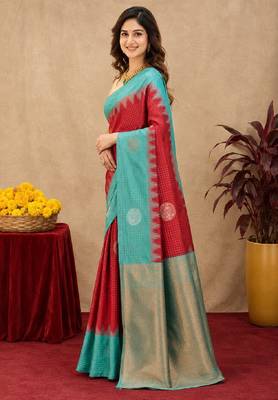 Rama red art silk blend jacquard motif work saree with unstitched blouse piece 2