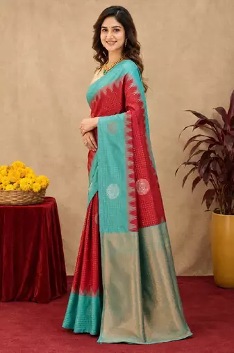 Rama red art silk blend jacquard motif work saree with unstitched blouse piece