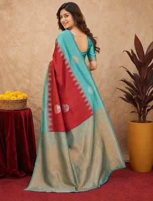 Rama red art silk blend jacquard motif work saree with unstitched blouse piece 3