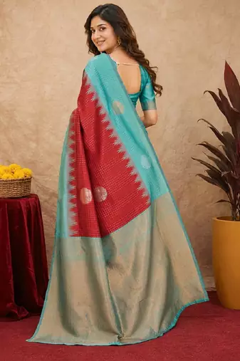 Rama red art silk blend jacquard motif work saree with unstitched blouse piece