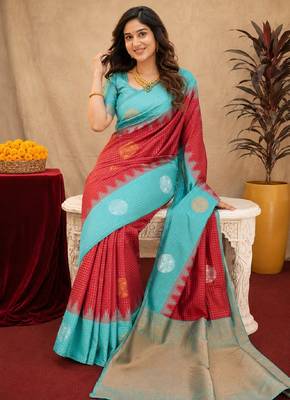 Rama red art silk blend jacquard motif work saree with unstitched blouse piece 4