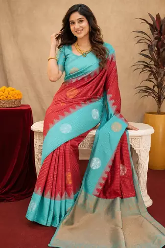 Rama red art silk blend jacquard motif work saree with unstitched blouse piece