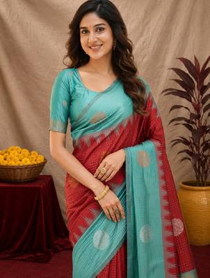 Rama red art silk blend jacquard motif work saree with unstitched blouse piece 5