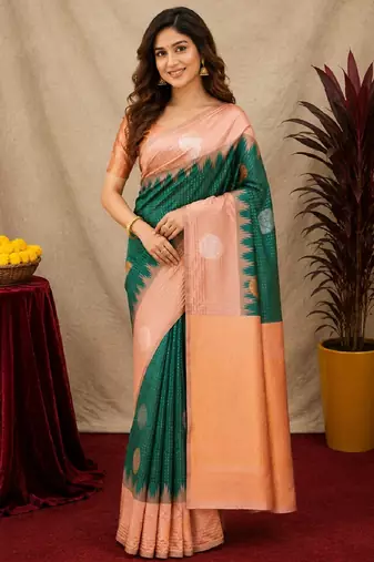 Rust green art silk blend jacquard motif work saree with unstitched blouse piece
