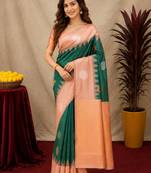 Rust green art silk blend jacquard motif work saree with unstitched blouse piece