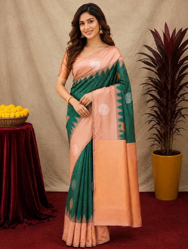 Rust green art silk blend jacquard motif work saree with unstitched blouse piece