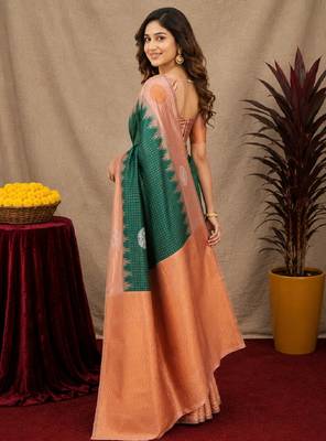 Rust green art silk blend jacquard motif work saree with unstitched blouse piece 2