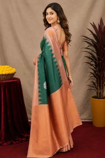 Rust green art silk blend jacquard motif work saree with unstitched blouse piece