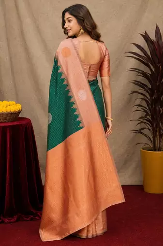 Rust green art silk blend jacquard motif work saree with unstitched blouse piece