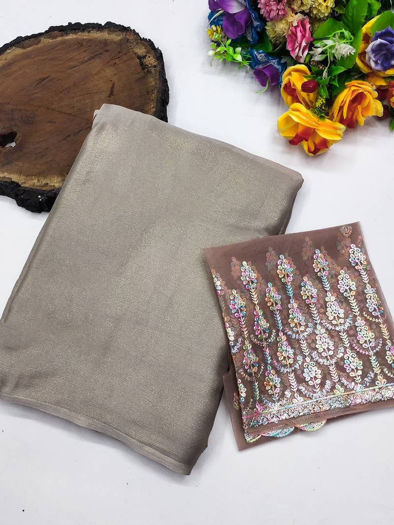 Chikoo multicolor sequece embroidery work moss chiffon saree with blouse