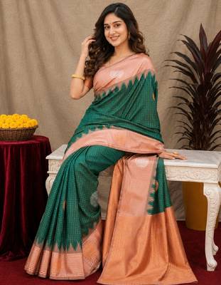 Rust green art silk blend jacquard motif work saree with unstitched blouse piece 4