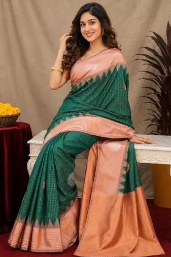 Rust green art silk blend jacquard motif work saree with unstitched blouse piece