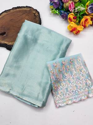 Firozi multicolor sequece embroidery work moss chiffon saree with blouse 1