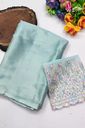 Firozi multicolor sequece embroidery work moss chiffon saree with blouse