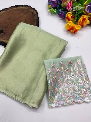 Pista multicolor sequece embroidery work moss chiffon saree with blouse 1